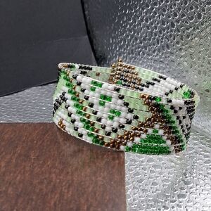 Handcrafted Beaded Bracelet - Green, White, Black, Gold
